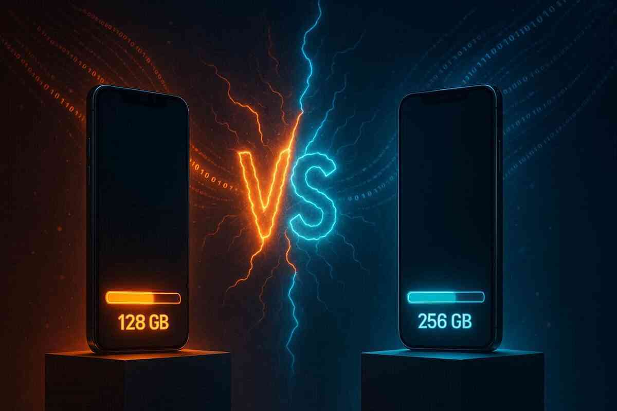 Two smartphones facing off with lightning “VS” between glowing storage bars—capacity war, decision anxiety, and the moment your future space runs out