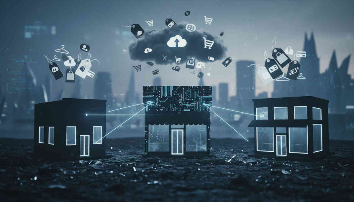 Connected storefronts under a dark cloud of shopping icons and data streams—retail battlefield vibes, hidden deals, and the cold strategy behind smart buying