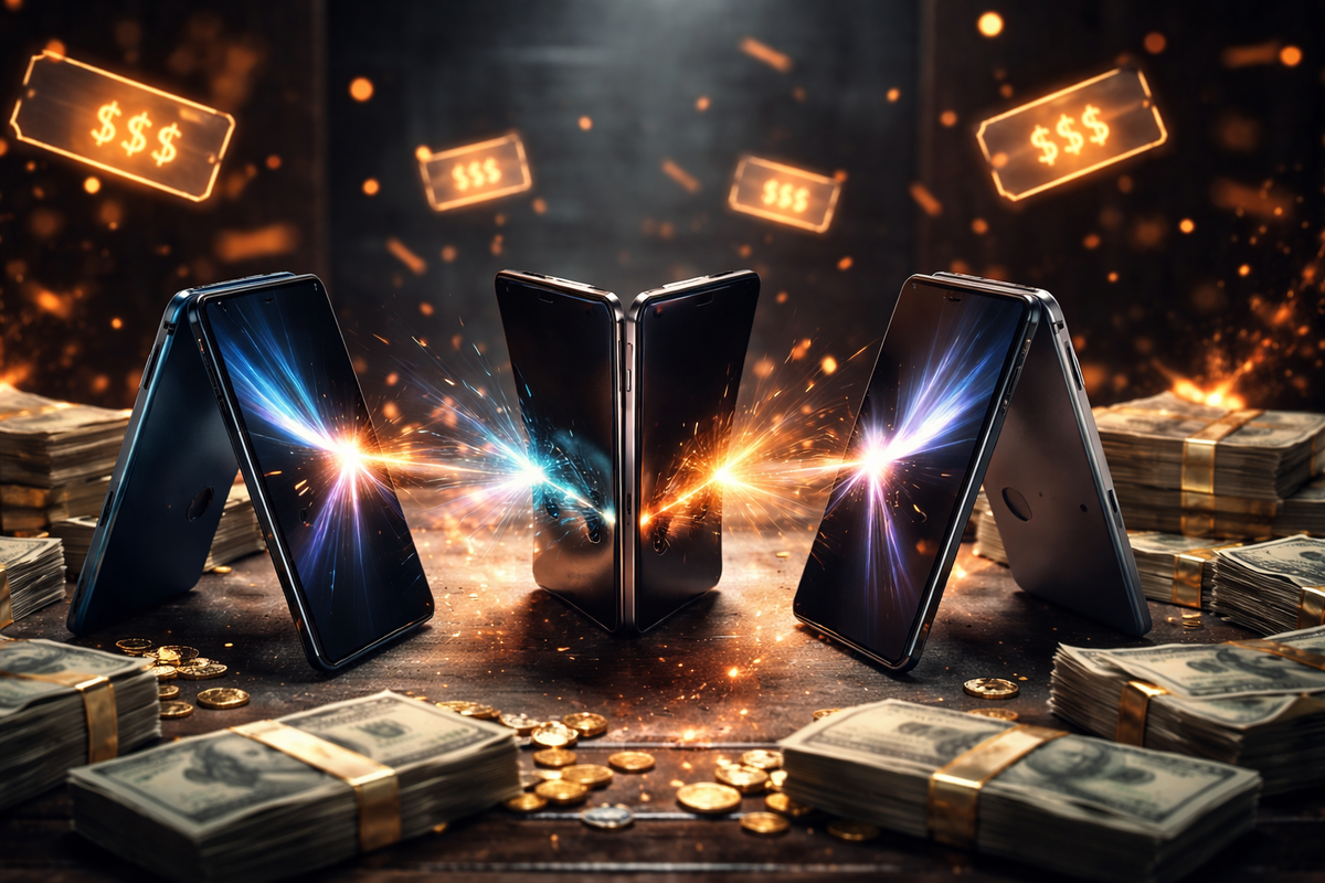 Three foldable smartphones colliding in sparks among cash stacks and glowing dollar signs—brutal price war, luxury temptation, high-stakes upgrade drama, adrenaline-charged tech showdown
