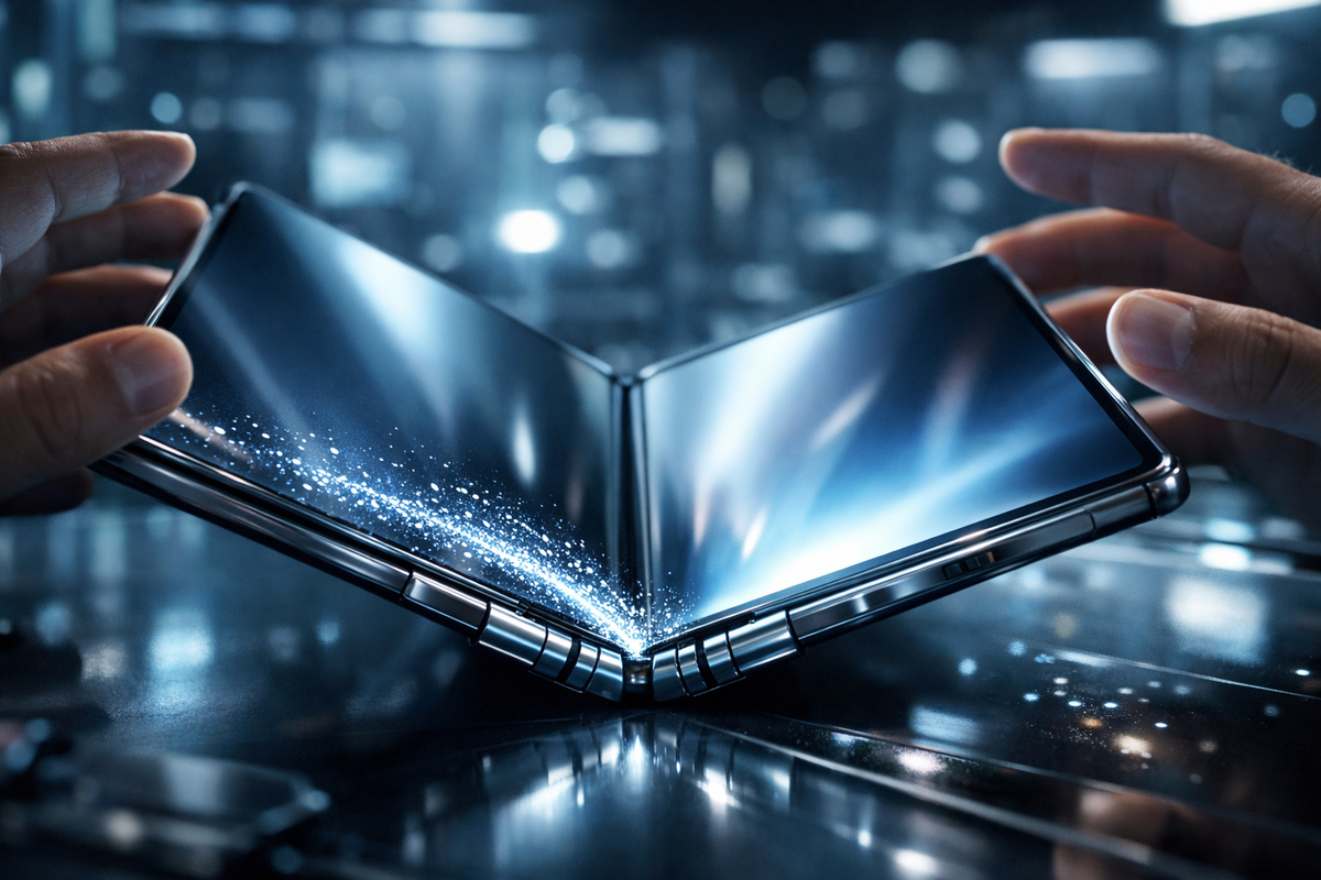 Hands opening a flawless foldable display in a cold blue lab—zero-crease miracle, precision engineering, emotional wow factor, next-gen innovation you can almost feel