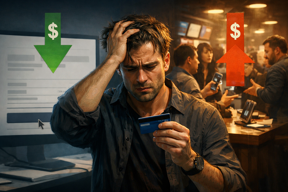 Stressed buyer clutching a credit card while green and red price arrows fight behind him—purchase anxiety, budget panic, deal-or-disaster tension inside a crowded phone shop