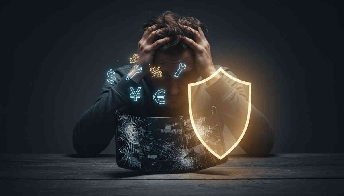 Shattered foldable phone on a dark table as a glowing shield rises—repair-cost shock meets protection relief, emotional breakdown to safety, insurance saves the day moment