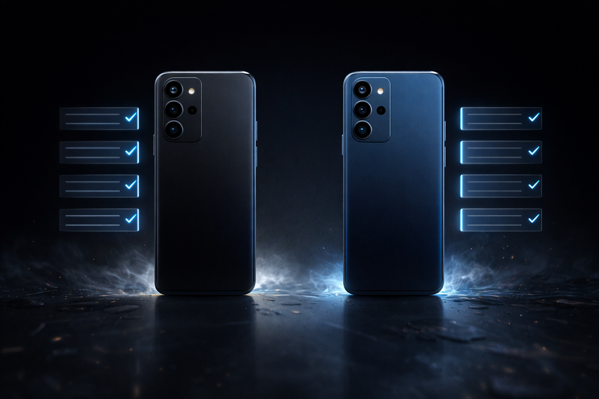 Side-by-side smartphones with floating checklists—cold spec comparison showdown, brutal reality check, tiny upgrades exposed under harsh neon light