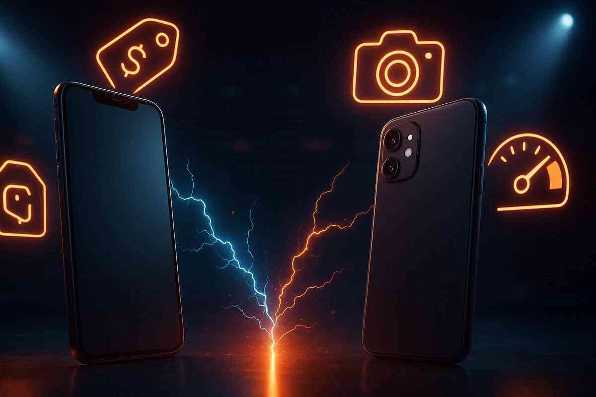 Two phones clashing with lightning between price, camera, and performance icons—budget battle energy, value-war sparks, no-mercy cost-performance faceoff