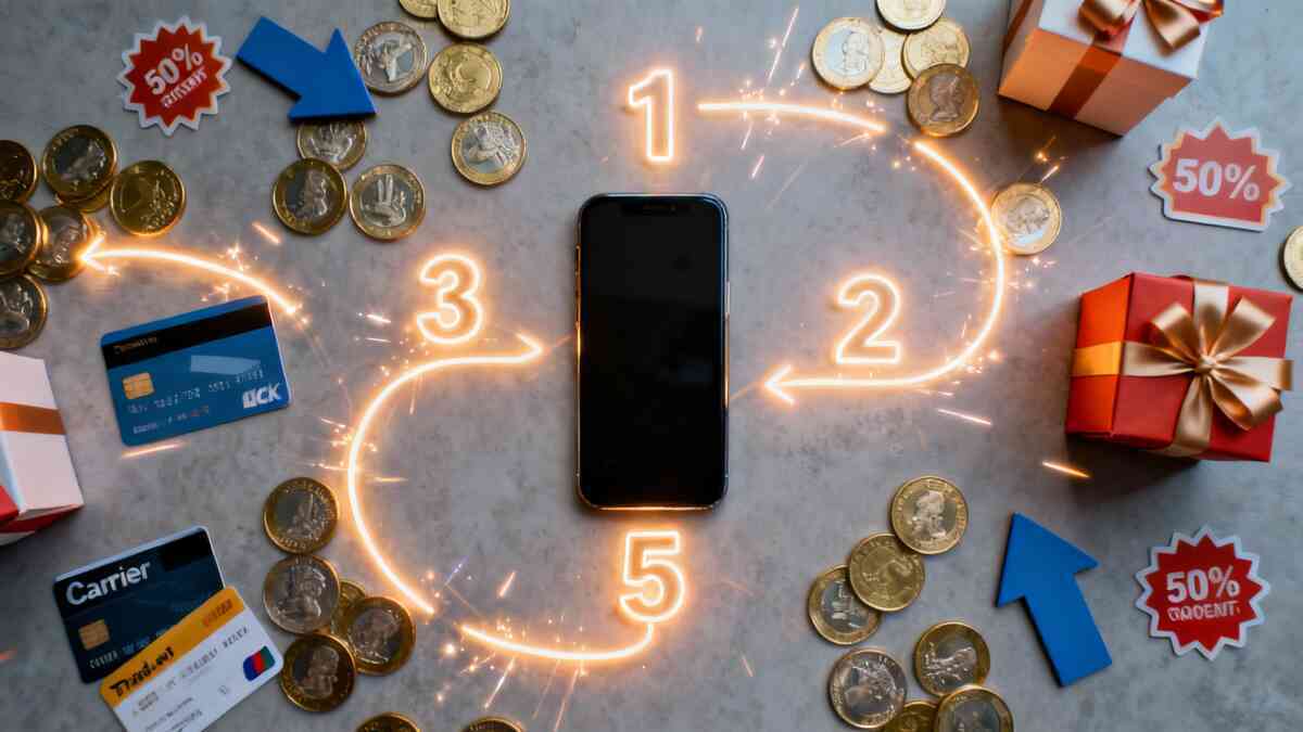 Five-step money-hack layout around a smartphone—cashback coins, carrier cards, gift boxes and glowing arrows, deal-hunter dopamine, max-savings adrenaline