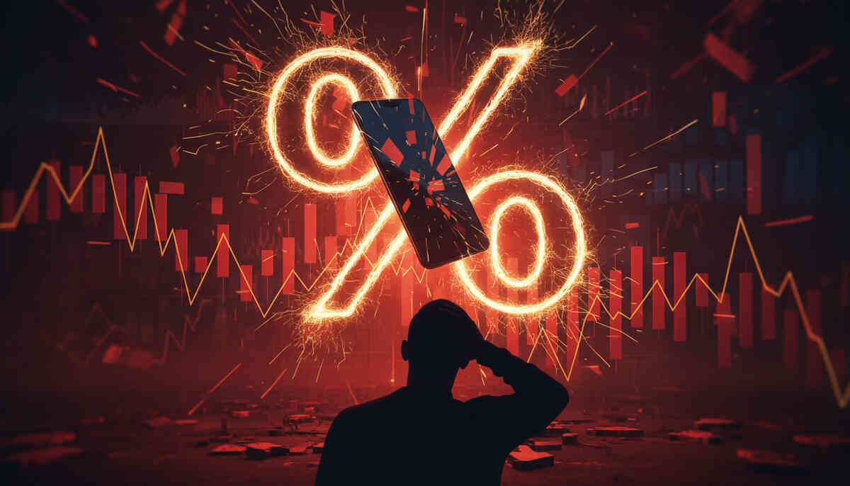 Phone crashing through a giant flaming percent sign—price collapse panic, discount shockwave, last-chance buying pressure, heart-pounding bargain chaos