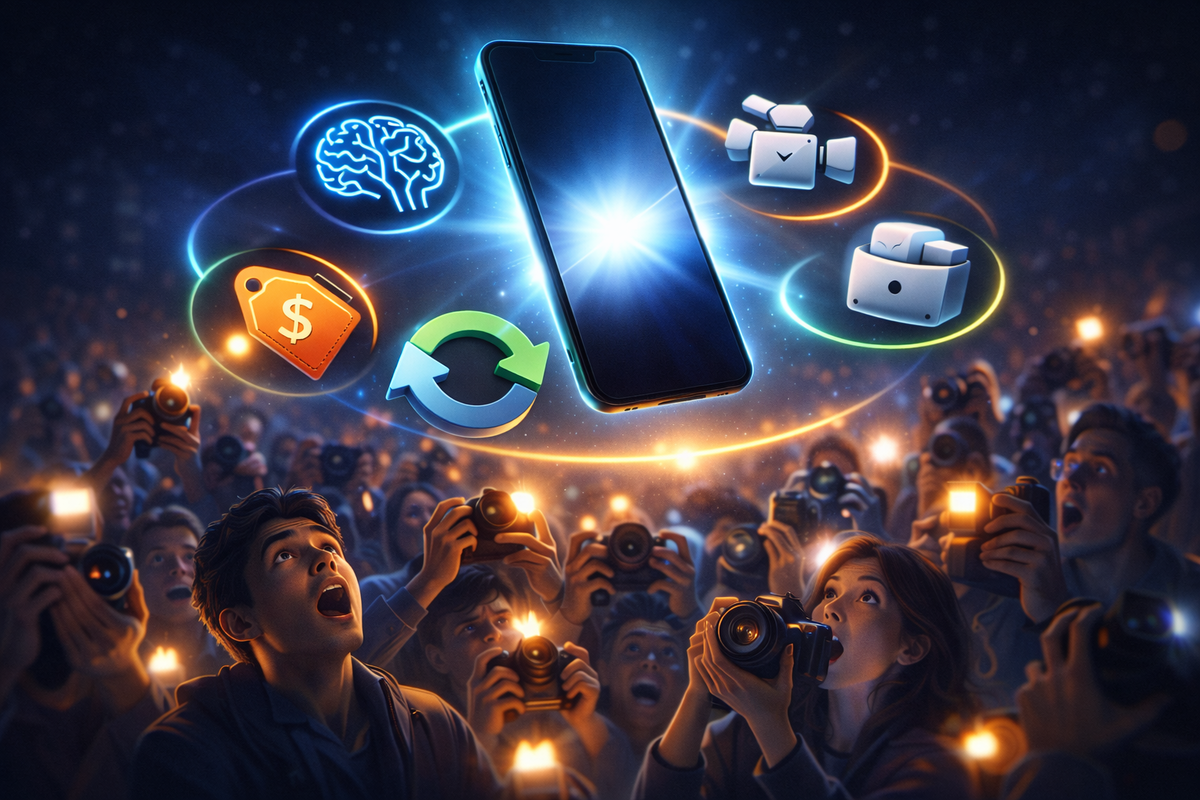 Glowing smartphone rising above a stunned crowd of photographers, AI brain + video + price + upgrade icons orbiting—jaw-dropped faces, viral hype, once-in-a-decade launch energy
