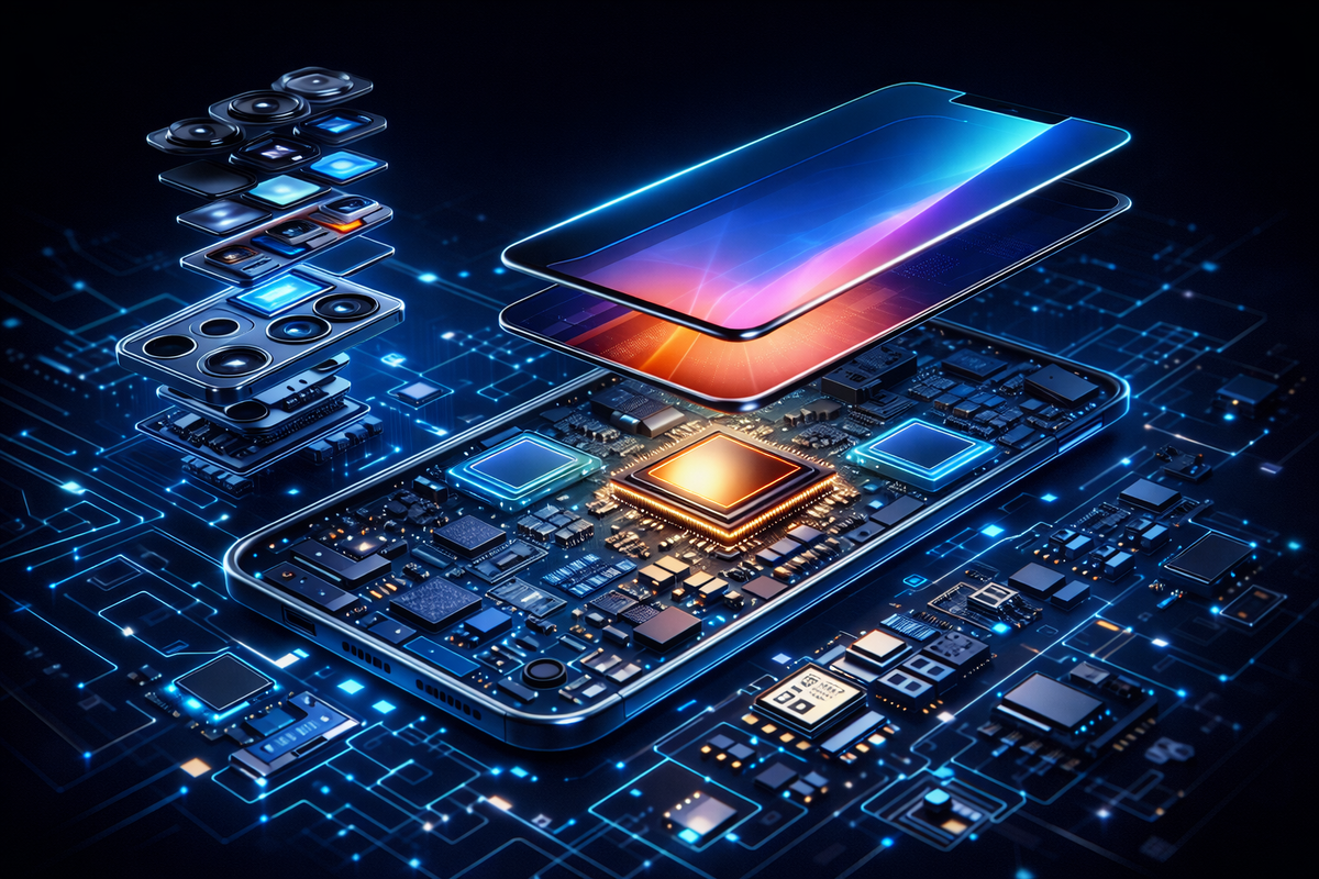 Exploded-view smartphone teardown with blazing processor, layered camera modules, and luminous display glass—hardcore specs porn, precision engineering, next-gen power fantasy