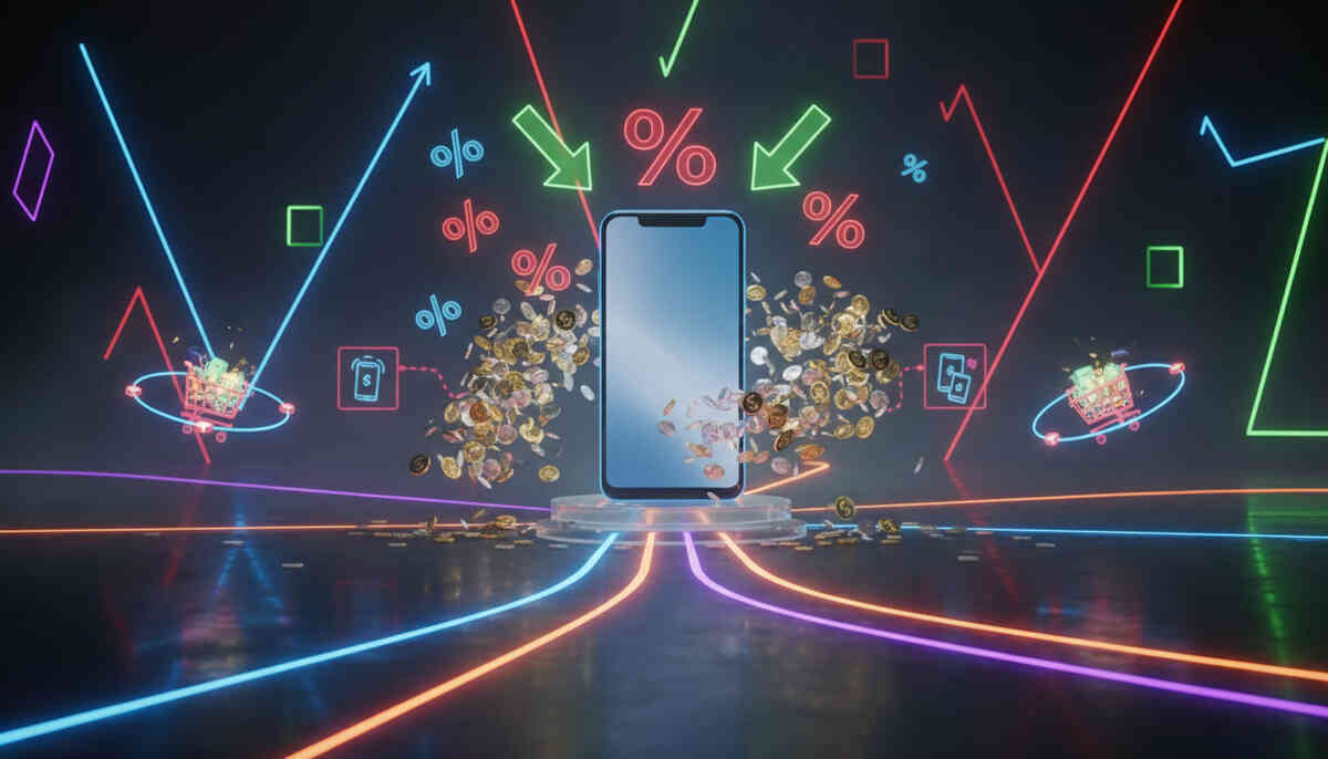 Neon deal battlefield: smartphone on pedestal with cashback coins, crashing % arrows, and price paths converging—extreme savings chaos, money-flying dopamine, buyer’s rush