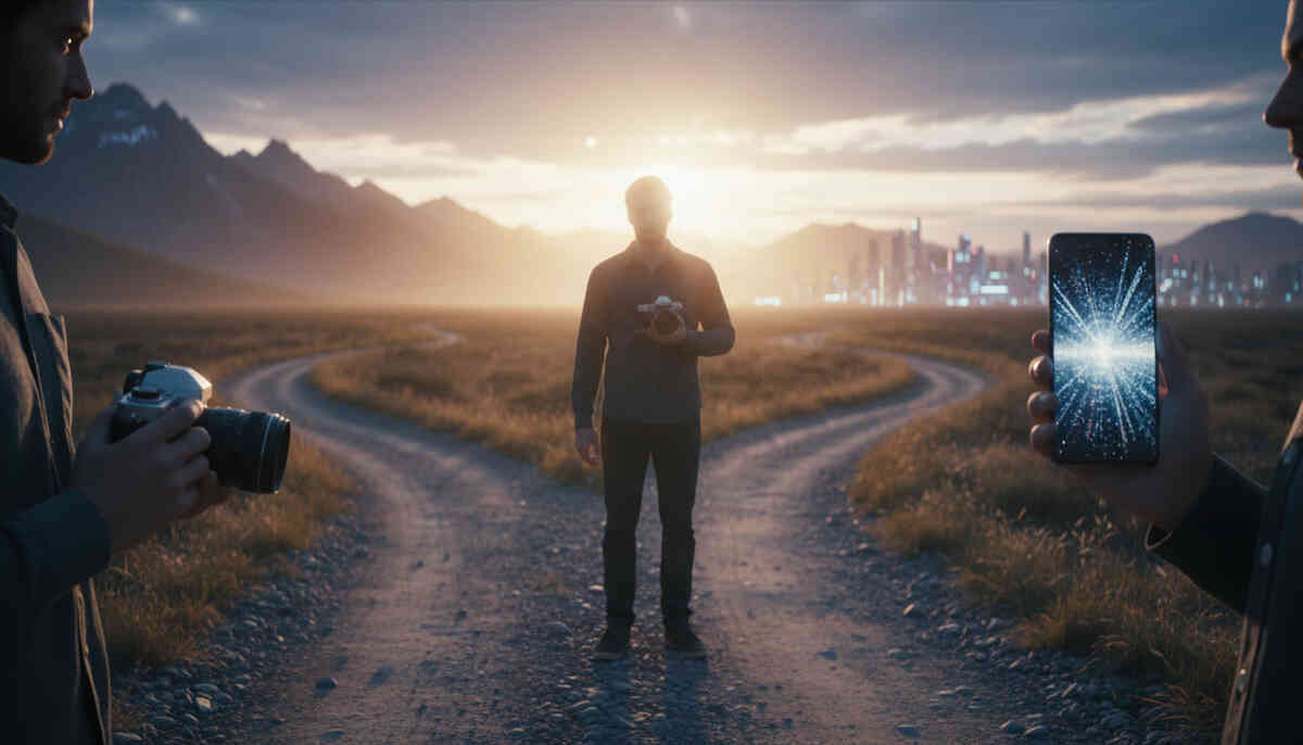 Emotional crossroads at sunset—DSLR on one side, glowing smartphone on the other, lone creator choosing a path forward, cinematic destiny moment, upgrade-or-stay inner conflict