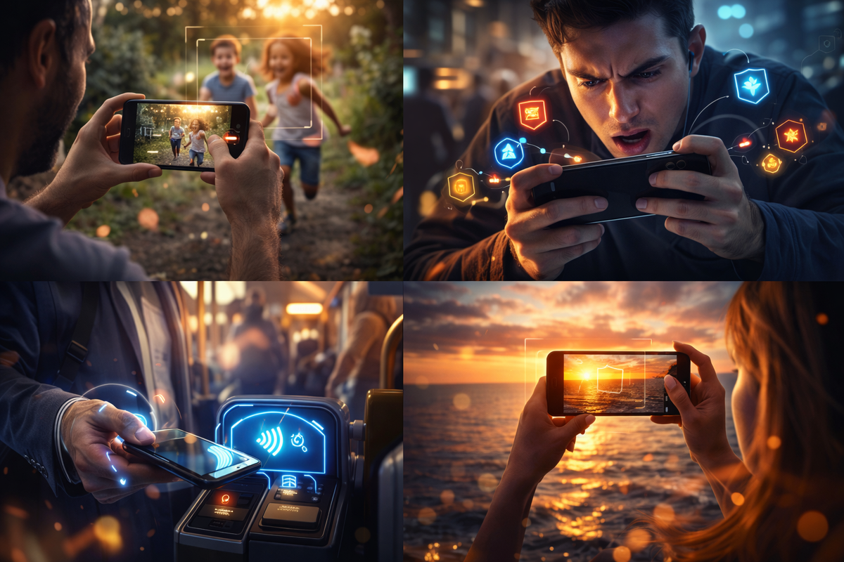 Real-life phone moments colliding—kids captured on camera, gamer locked in battle, tap-to-pay on a crowded train, sunset travel shot—everyday magic, dopamine hits, and modern digital freedom