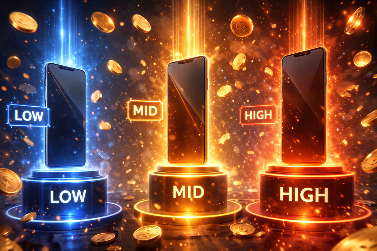 Three smartphones crowned LOW / MID / HIGH on fiery podiums with coins raining down—budget vs power showdown, dramatic price tiers, and that addictive “which one wins” rush
