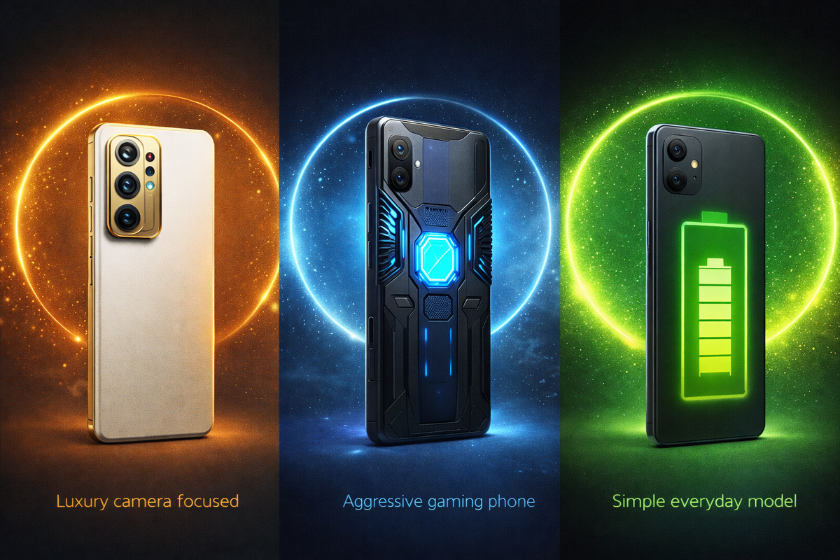 Camera beast, gaming monster, and long-battery daily phone standing side by side in glowing halos—three personalities facing off, desire vs performance vs endurance in a bold tech standoff