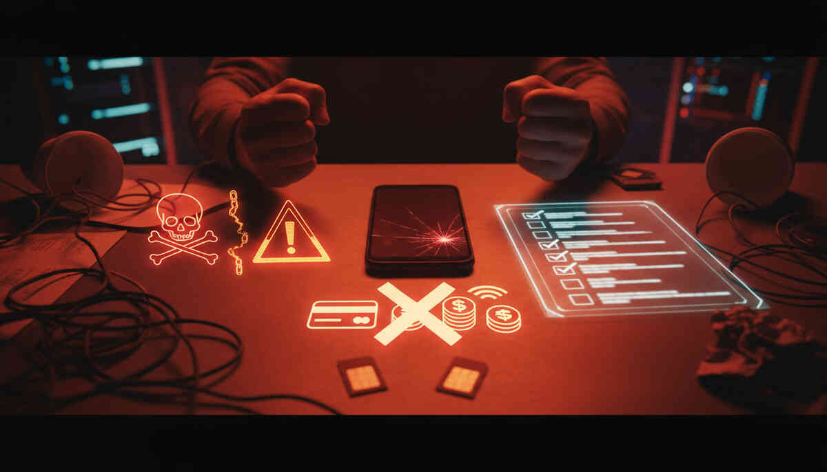 Warning-lit desk with cracked phone, crossed credit cards, SIM chips, and red alert icons—purchase mistakes, hidden traps, and that cold realization after clicking “buy”