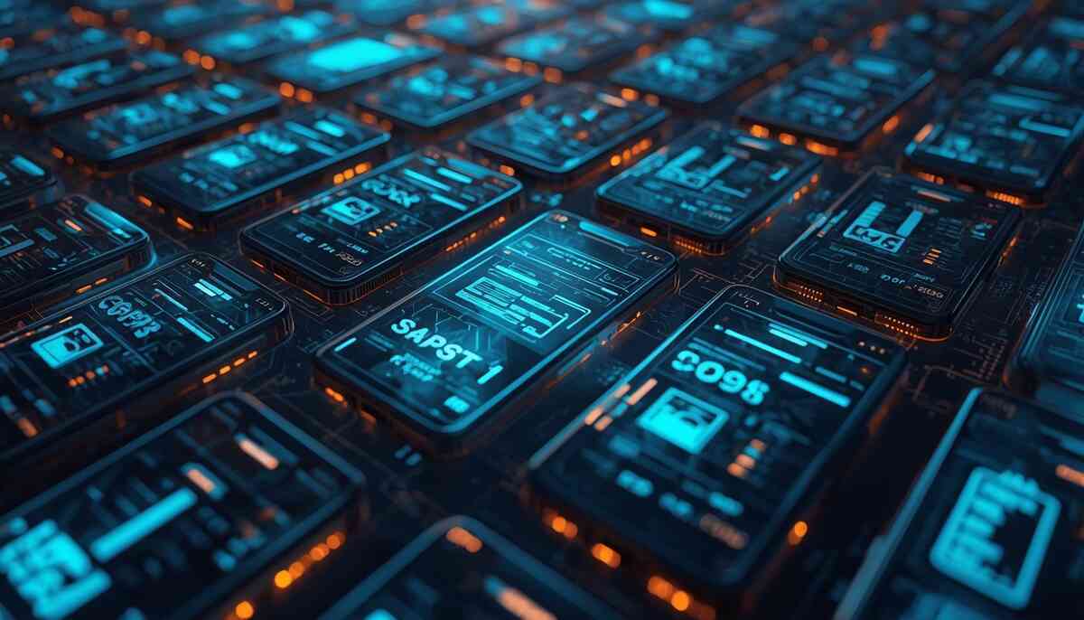 Futuristic smartphone grid with neon spec panels—CPU, camera, battery colliding in a brutal comparison arena, data-driven tension, hardcore buyer’s decision moment