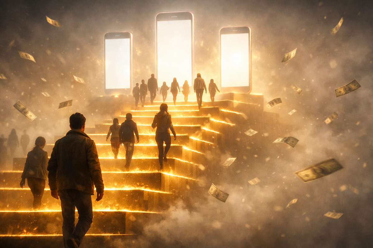 People climbing golden steps toward massive glowing phones as cash drifts through fog—hope, urgency, and life-changing upgrade energy in a cinematic budget journey
