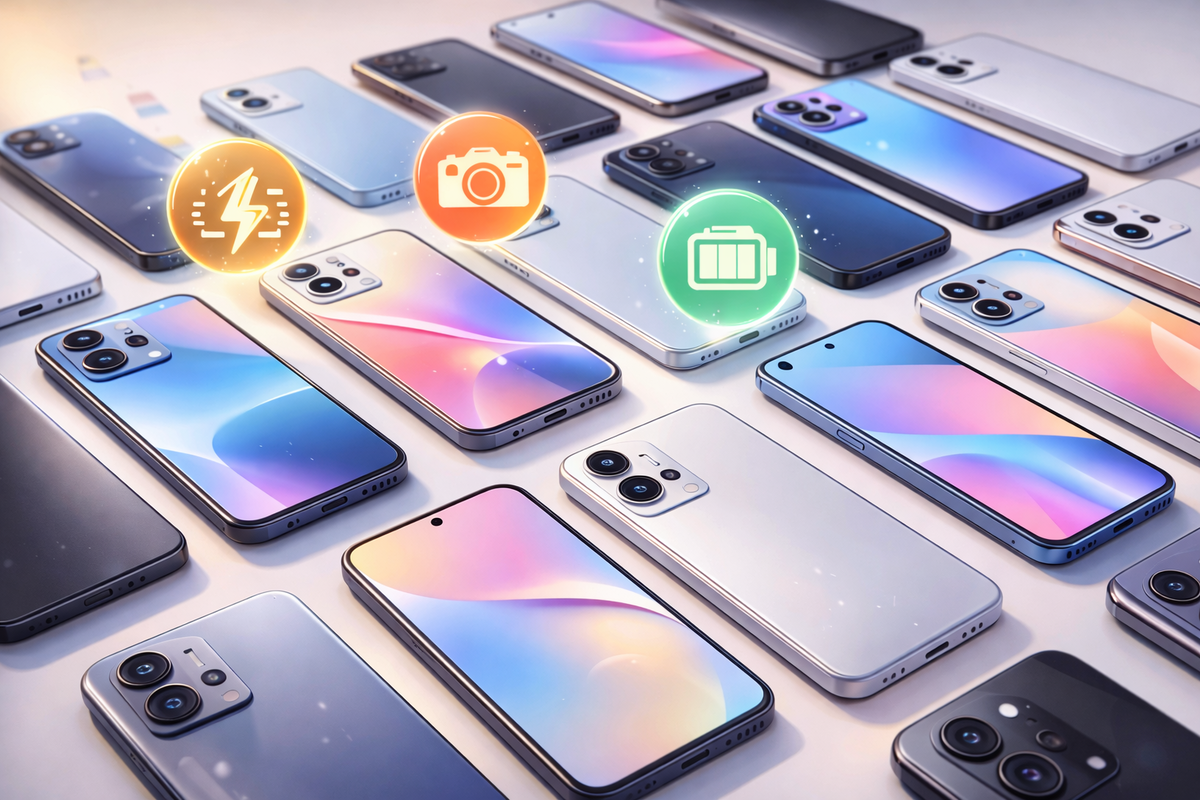 Full lineup of sleek smartphones on a bright table with floating speed, camera, and battery icons—choice overload, spec comparison heaven, clean tech satisfaction, decision-time energy