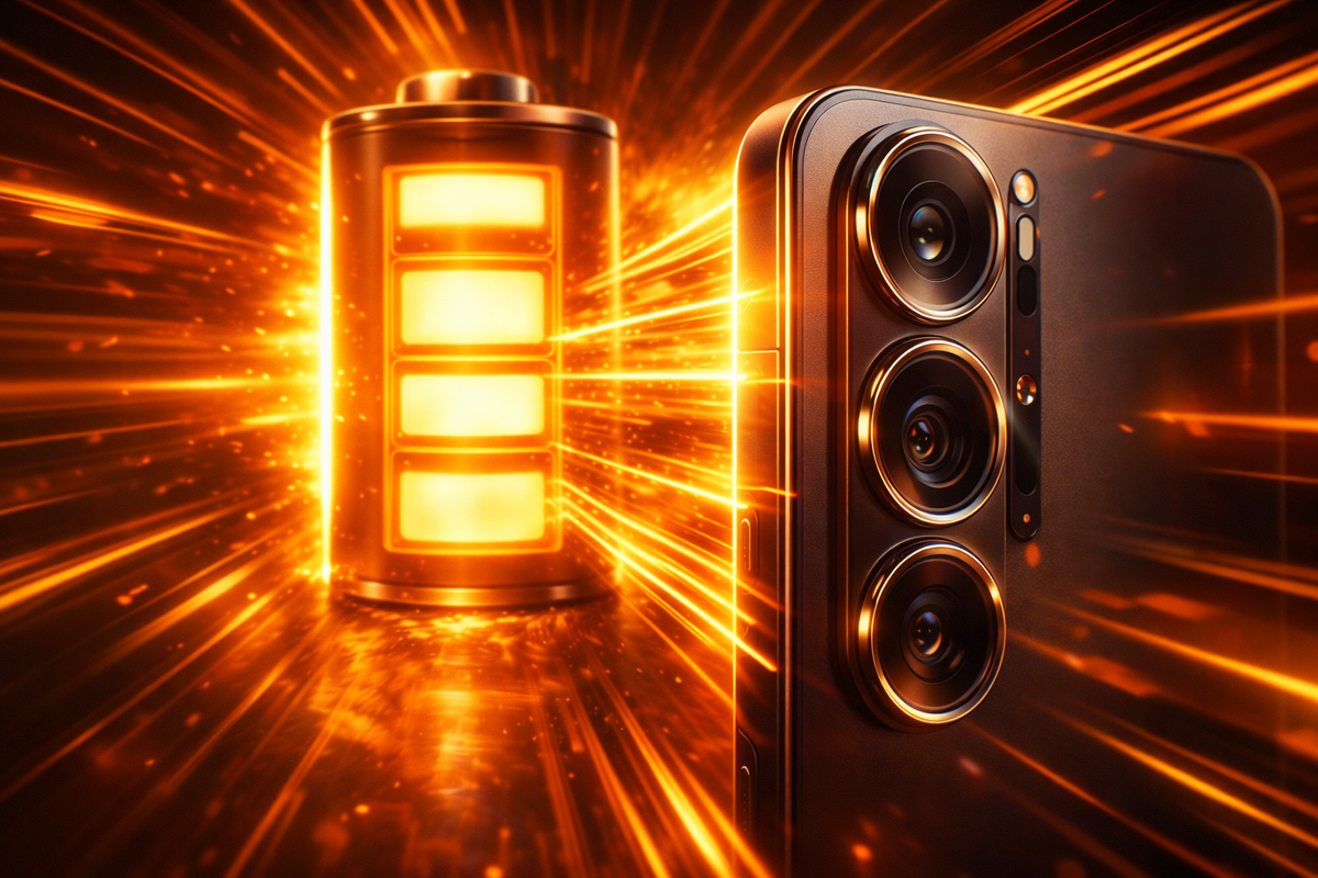Triple camera phone facing a glowing mega battery—power beams blasting forward, extreme endurance vibes, cinematic hardware flex, unstoppable performance aura