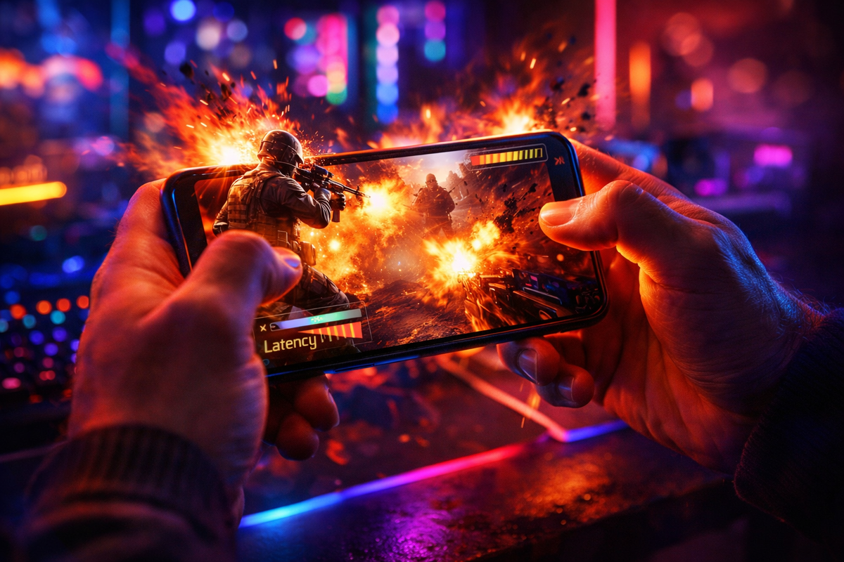 Intense mobile FPS gaming with explosions bursting from the screen—zero-lag action, esports adrenaline, sweaty palms moment, latency crushed, pure gamer hype