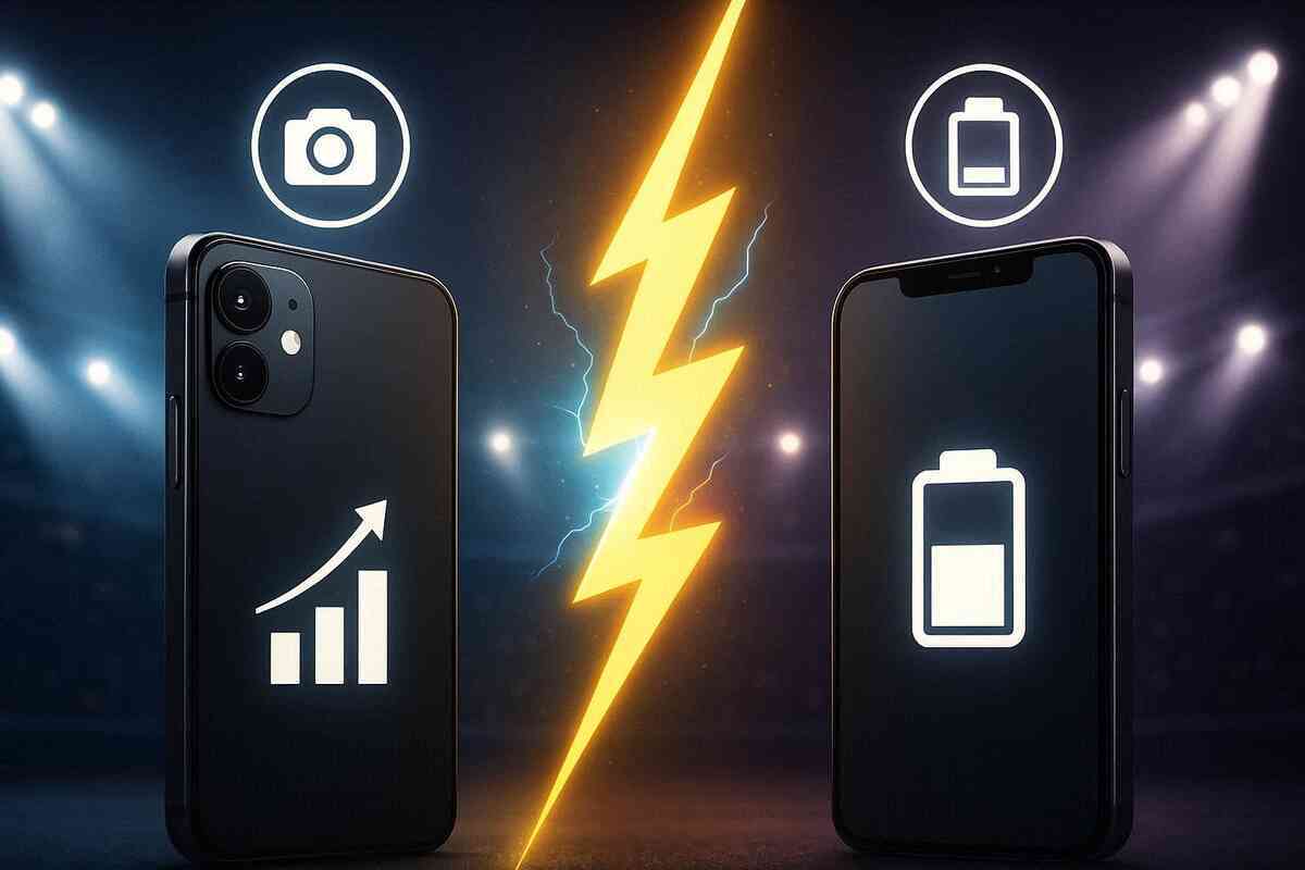 Head-to-head smartphone showdown with lightning bolt—signal bars rising vs battery drain, dramatic face-off, upgrade dilemma, winner-takes-all tech battle