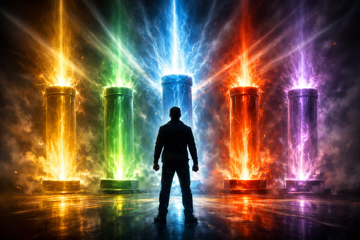 A lone figure facing five blazing energy pillars—choice anxiety, desire, and destiny colliding in a high-stakes moment of decision