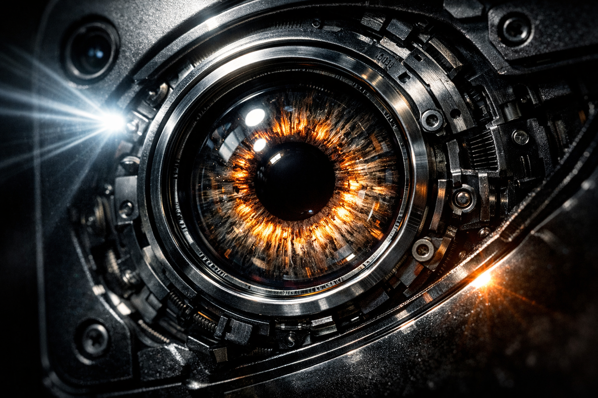 Mechanical camera eye igniting with molten light—obsession, precision, and cinematic vision pushing smartphone photography beyond human limits