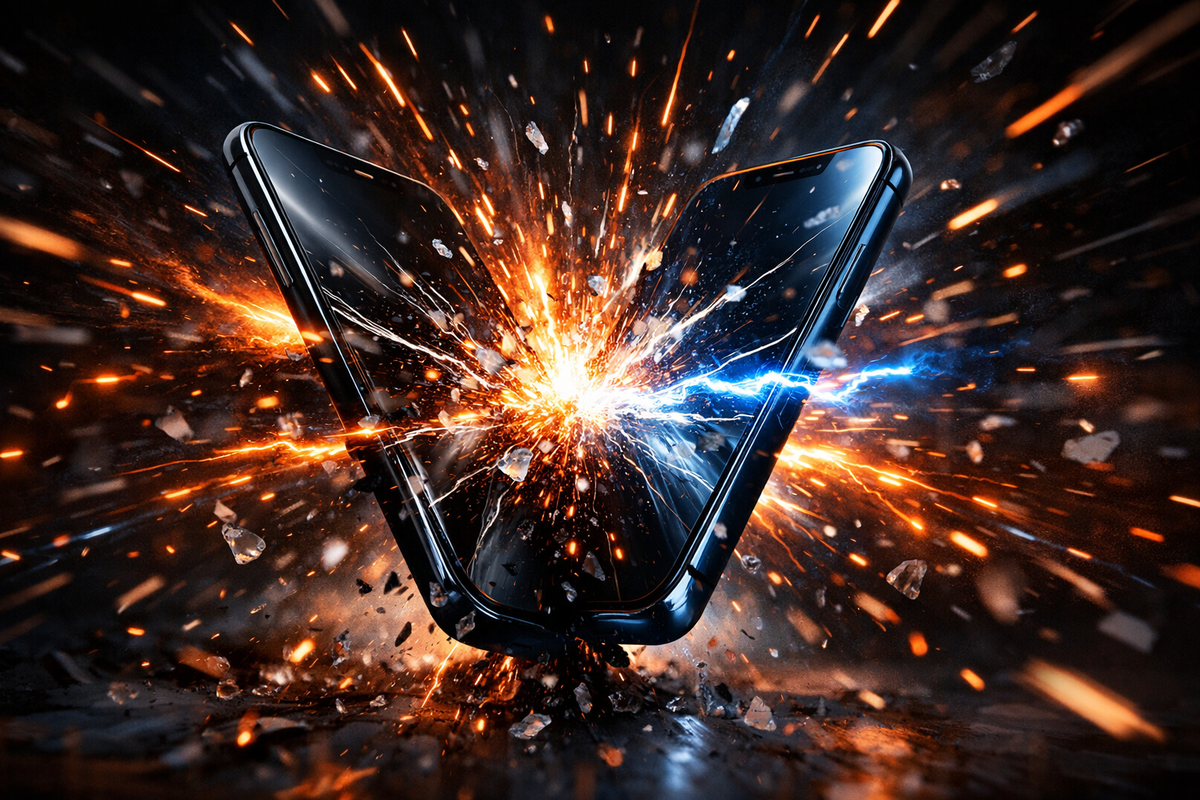 Two smartphones smashing head-on in a spark-filled clash—brutal performance rivalry, speed, heat, and no-compromise value exploding on impact