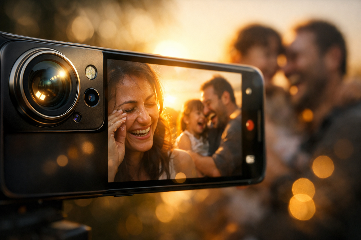 Smartphone camera freezing pure joy at sunset—laughter, tears, and love captured in a single glowing moment that feels deeply human and unforgettable