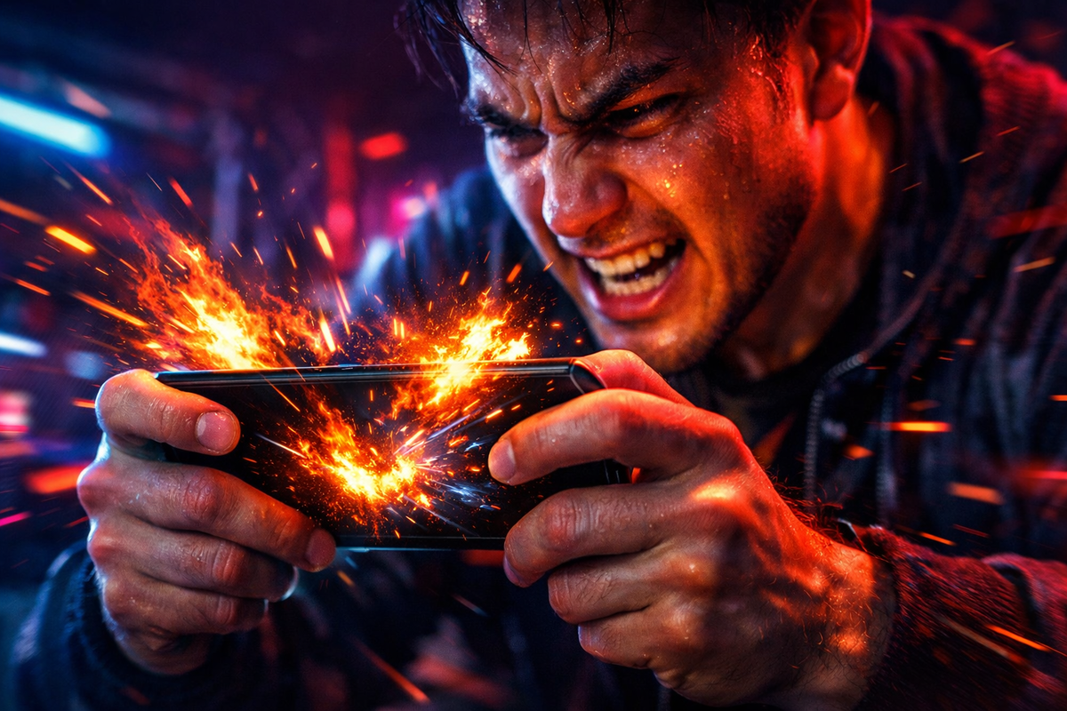 Gamer gripping a smartphone as sparks explode—sweat, rage, and adrenaline unleashed in an all-out battle for victory and immersion