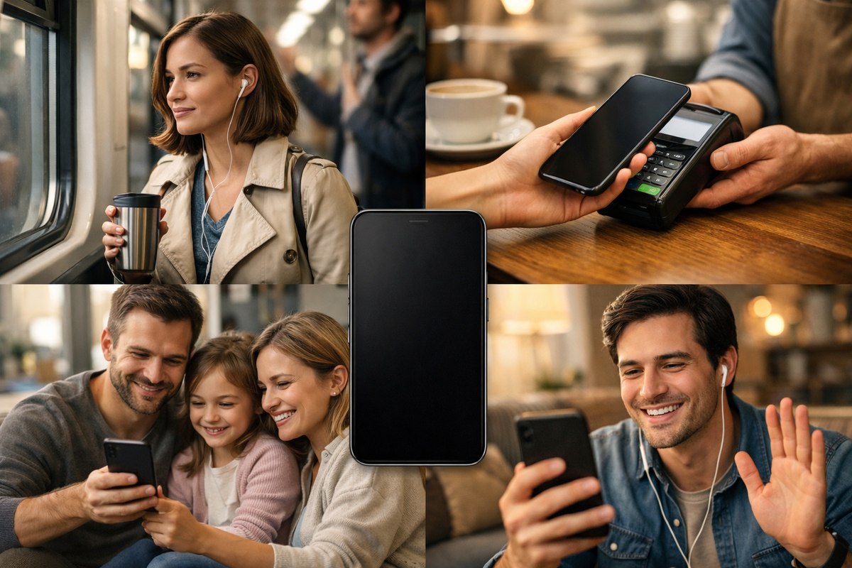 Everyday life powered by one smartphone—commute calm, cashless payment ease, family smiles, and connection that quietly feels safe and reassuring