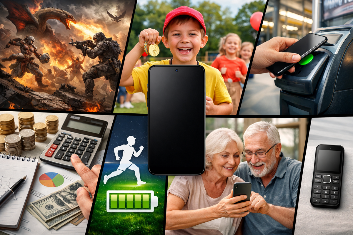 Life-scene mosaic around a smartphone—gaming chaos, childhood pride, tap-and-go freedom, budget focus, battery endurance, and senior安心 all in one frame