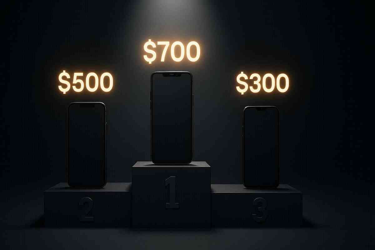Three smartphones on a podium with glowing price signals—$300, $500, $700—clear winners, sharp contrasts, and the thrilling moment of smart choice