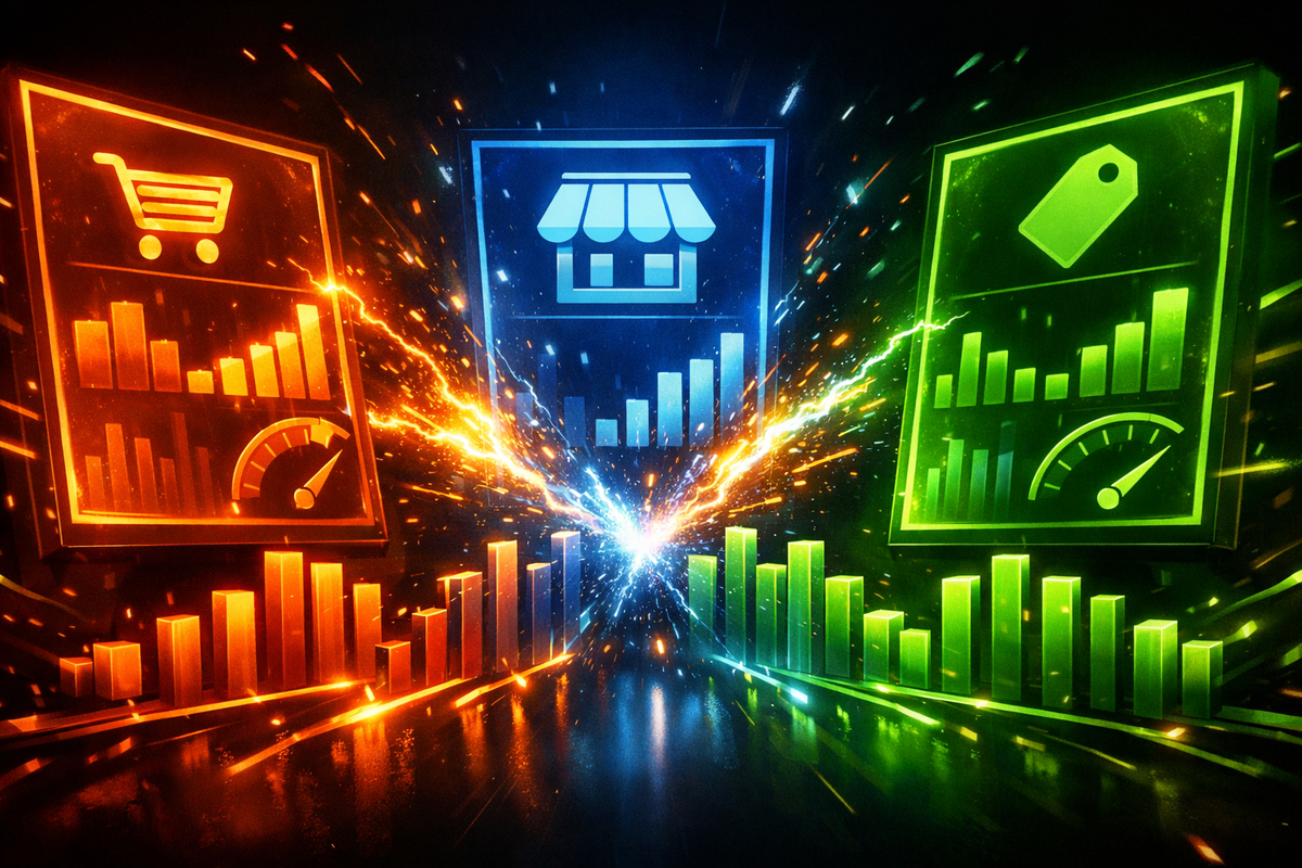 Three rival deal dashboards colliding—price bars, points, and value metrics crashing together in neon sparks, intense comparison tension, winner-takes-all shopping drama