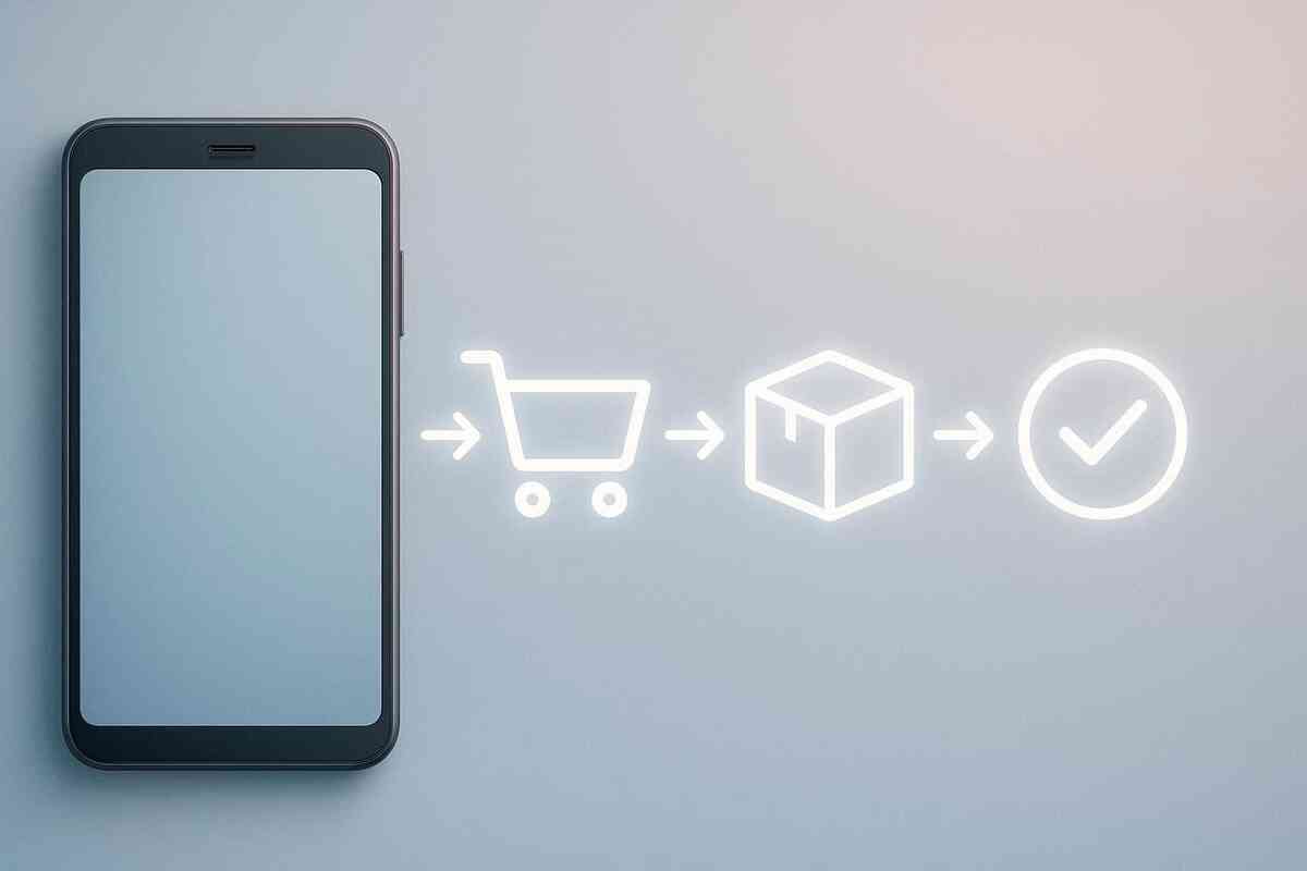 Minimalist purchase flow from phone to cart to delivery checkmark—clean, frictionless path to ownership, calm confidence, stress-free buying satisfaction