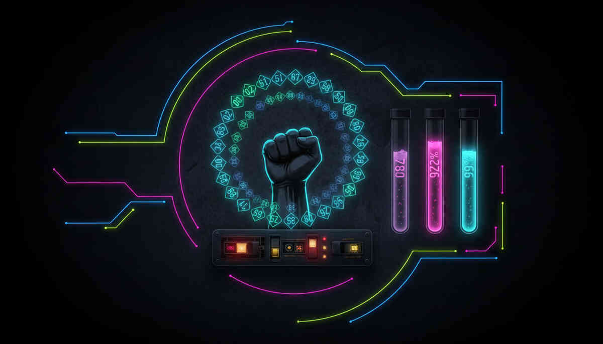 Secret deal-engine visual with raised fist and glowing meters—hidden tricks, rising percentages, rebellious money-saving thrill, insider power unlocked