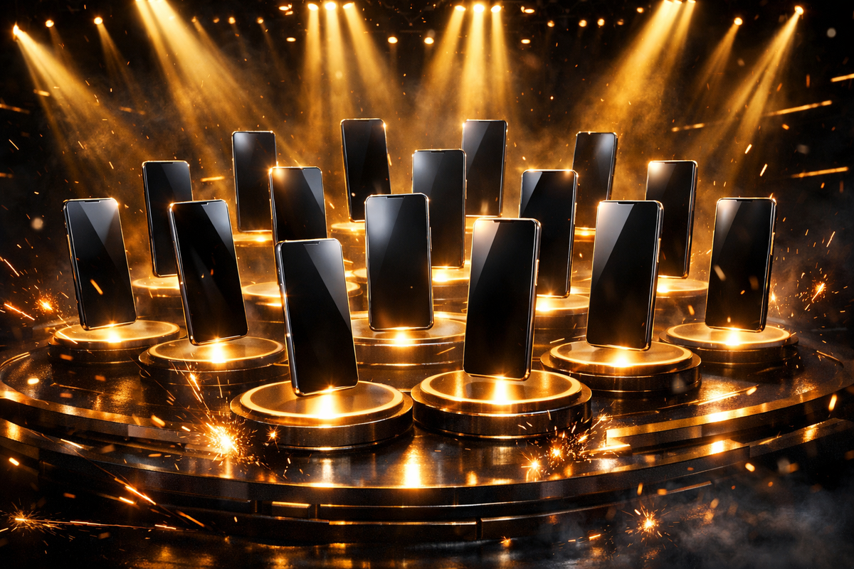 Fifteen smartphones blazing under golden spotlights on a dramatic podium—ultimate ranking showdown, elite winners revealed, prestige aura, high-stakes competition, championship-level intensity