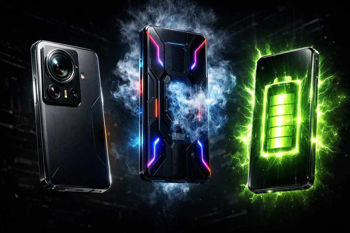Three futuristic smartphones floating mid-air—pro camera power, RGB gaming beast, and nuclear-level battery icon—raw performance clash, adrenaline-charged innovation, next-gen dominance unleashed