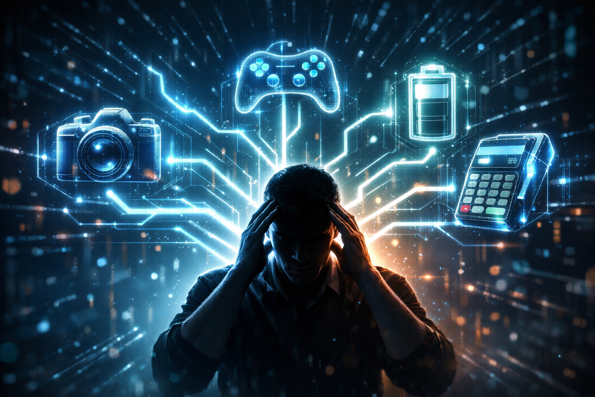 Overwhelmed man gripping his head as glowing camera, gamepad, battery, and payment icons explode behind him—decision paralysis, tech overload, urgent need for the perfect choice, high-stakes buying pressure
