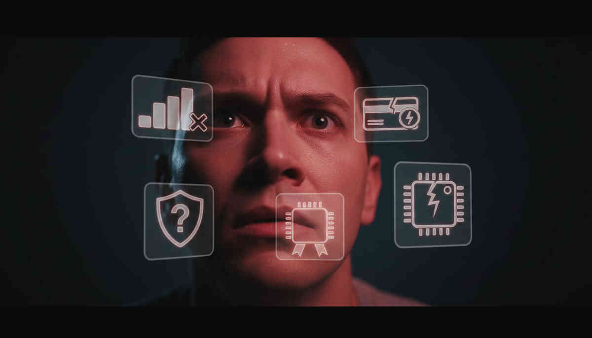 Close-up of anxious face surrounded by floating signal, security, chip, and battery warning icons—pre-purchase tension, hidden risks exposed, trust vs doubt battle, critical decision moment before buying
