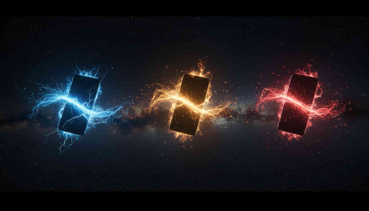 Three glowing smartphones suspended in cosmic darkness—blue, gold, and red energy colliding, explosive performance showdown, ultimate power battle, high-stakes tech dominance