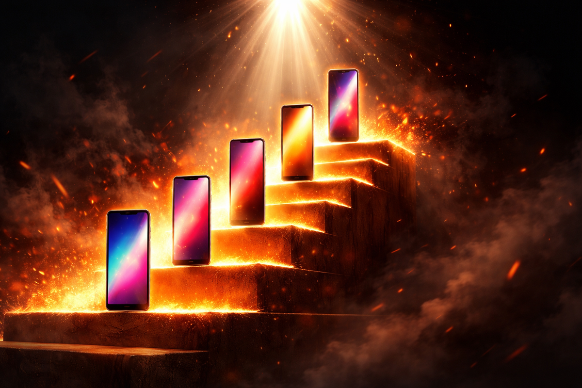 Smartphones ascending a blazing staircase of light—entry to ultra-flagship evolution, radiant breakthrough moment, unstoppable upgrade surge, dramatic victory glow