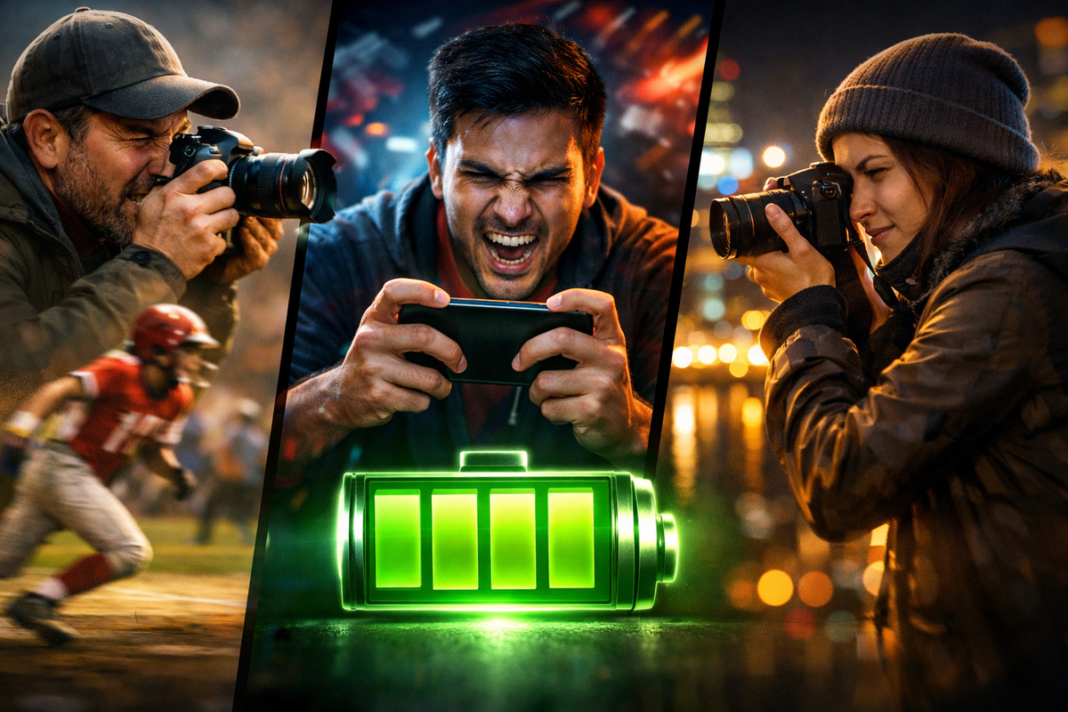 Intense split-scene passion—sports action frozen mid-air, gamer roaring with adrenaline, night photographer locked in focus, massive green battery pulsing with limitless stamina