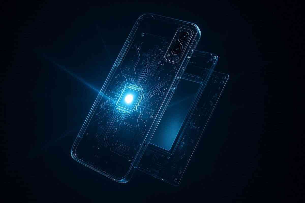 Transparent smartphone revealing a blazing core processor—futuristic circuitry radiating blue light, raw computing power unleashed, precision-engineered dominance, next-gen tech heartbeat