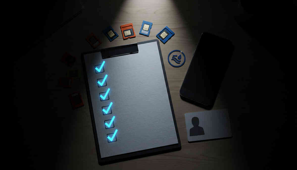 Top-down checklist under spotlight—glowing blue checkmarks, SIM cards scattered, smartphone and ID ready, final decision tension, no-regret purchase clarity moment