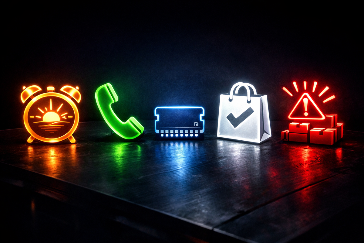 Neon strategy icons lined up in the dark—alarm clock, hotline, chip, shopping bag, warning alert—five ruthless tactics to outsmart sellouts, electric anticipation, decisive power move mood