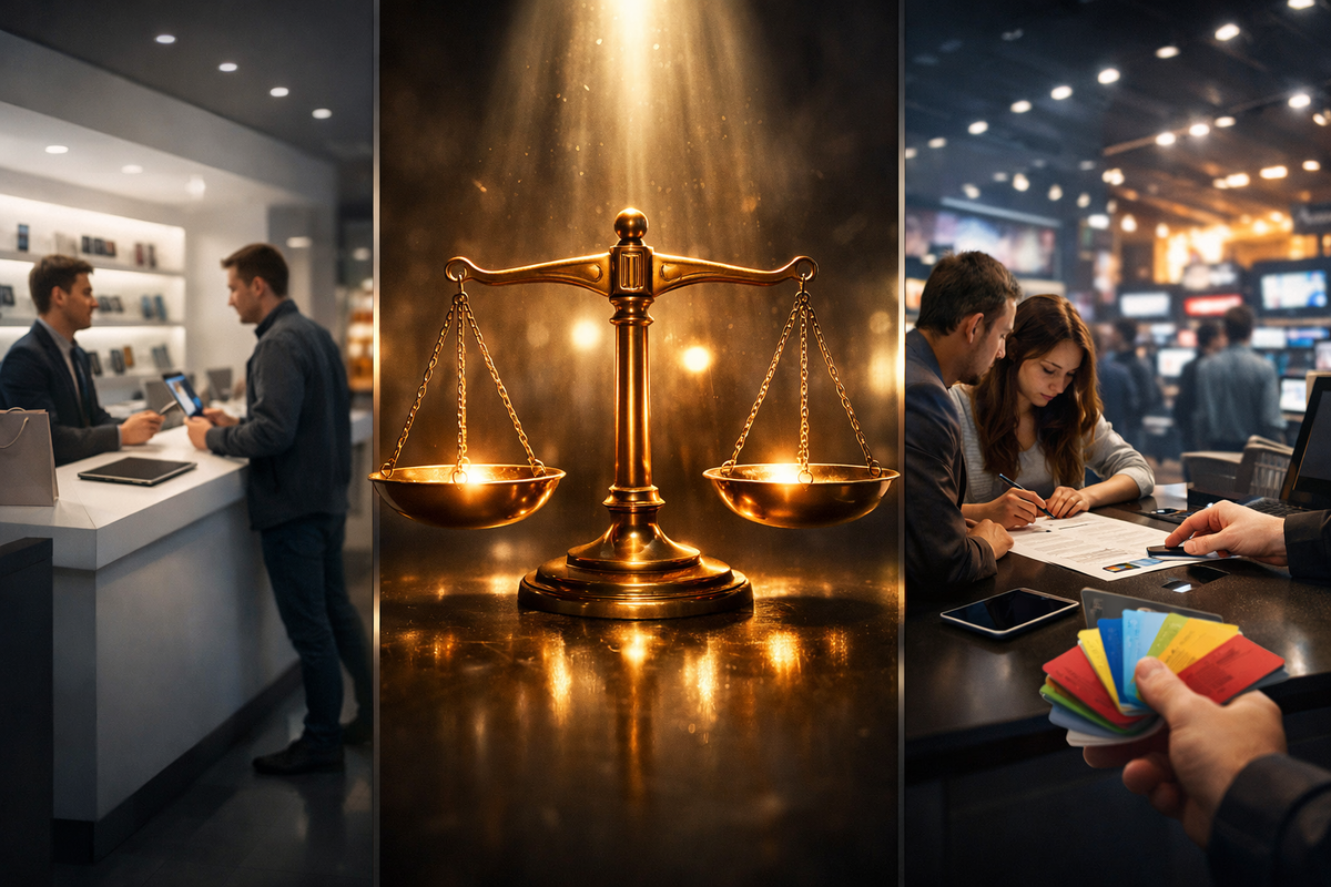 Golden balance scale between store counter and contract desk—price vs perks showdown, dramatic spotlight, high-stakes decision moment, smart-buyer dominance energy