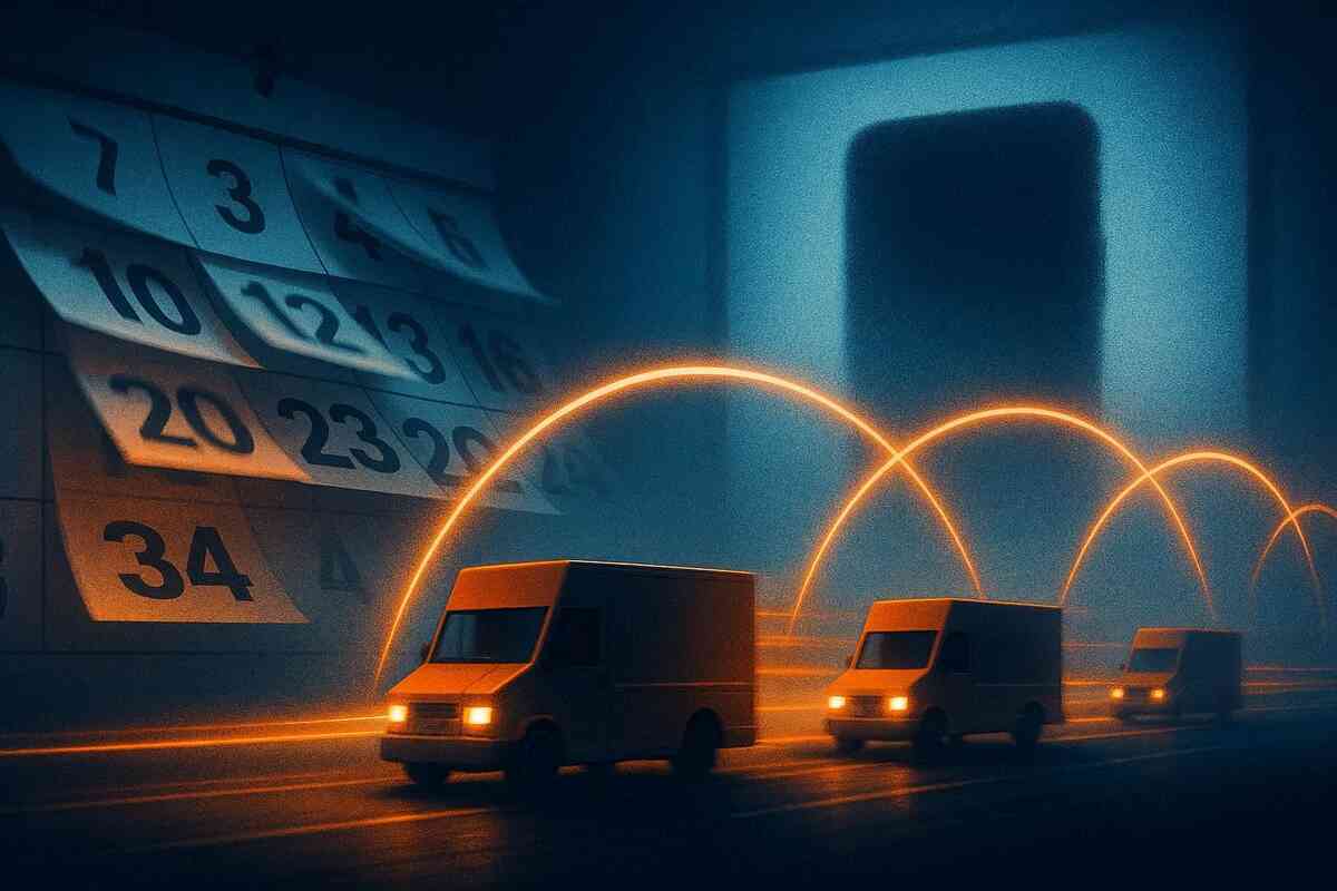 Delivery trucks racing under glowing timeline arcs with flipping calendar pages—backorder countdown pressure, shipment surge momentum, hopeful yet tense restock anticipation