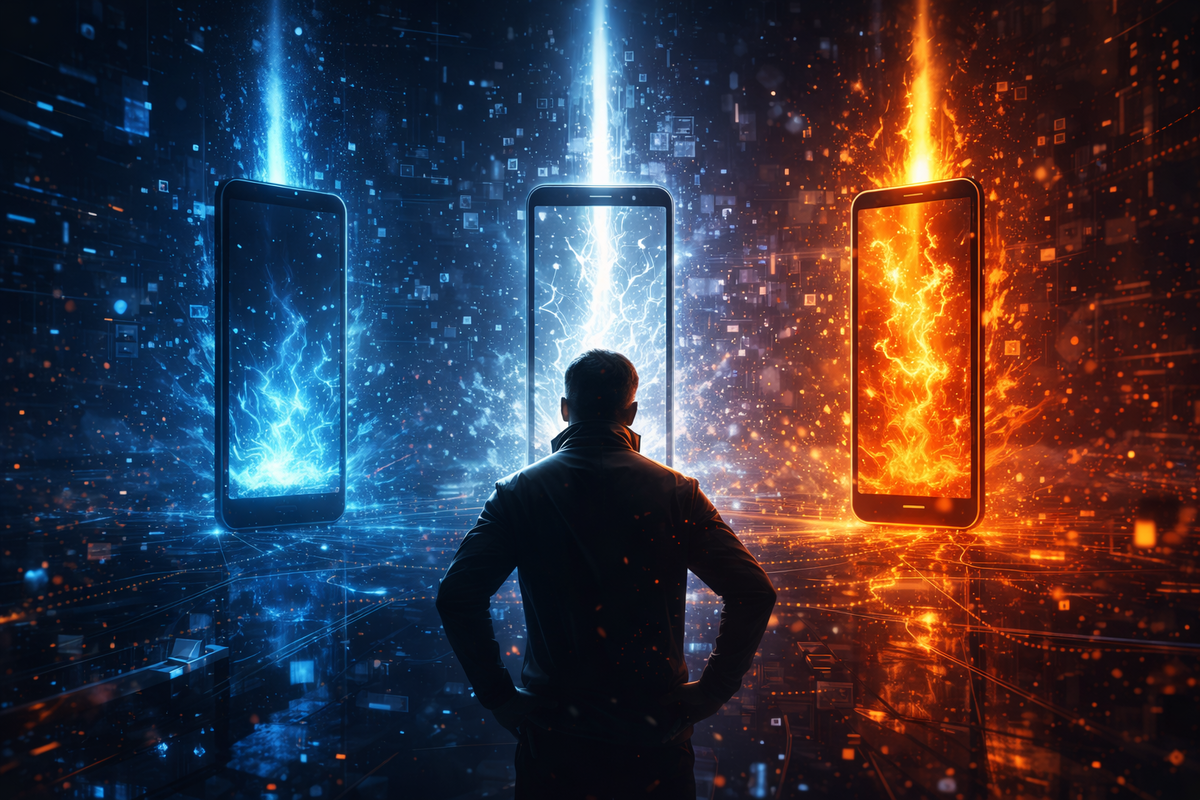 Critical choice between three powerful smartphone paths—intense decision pressure, fear of choosing wrong, life-changing savings or irreversible regret hanging in the balance