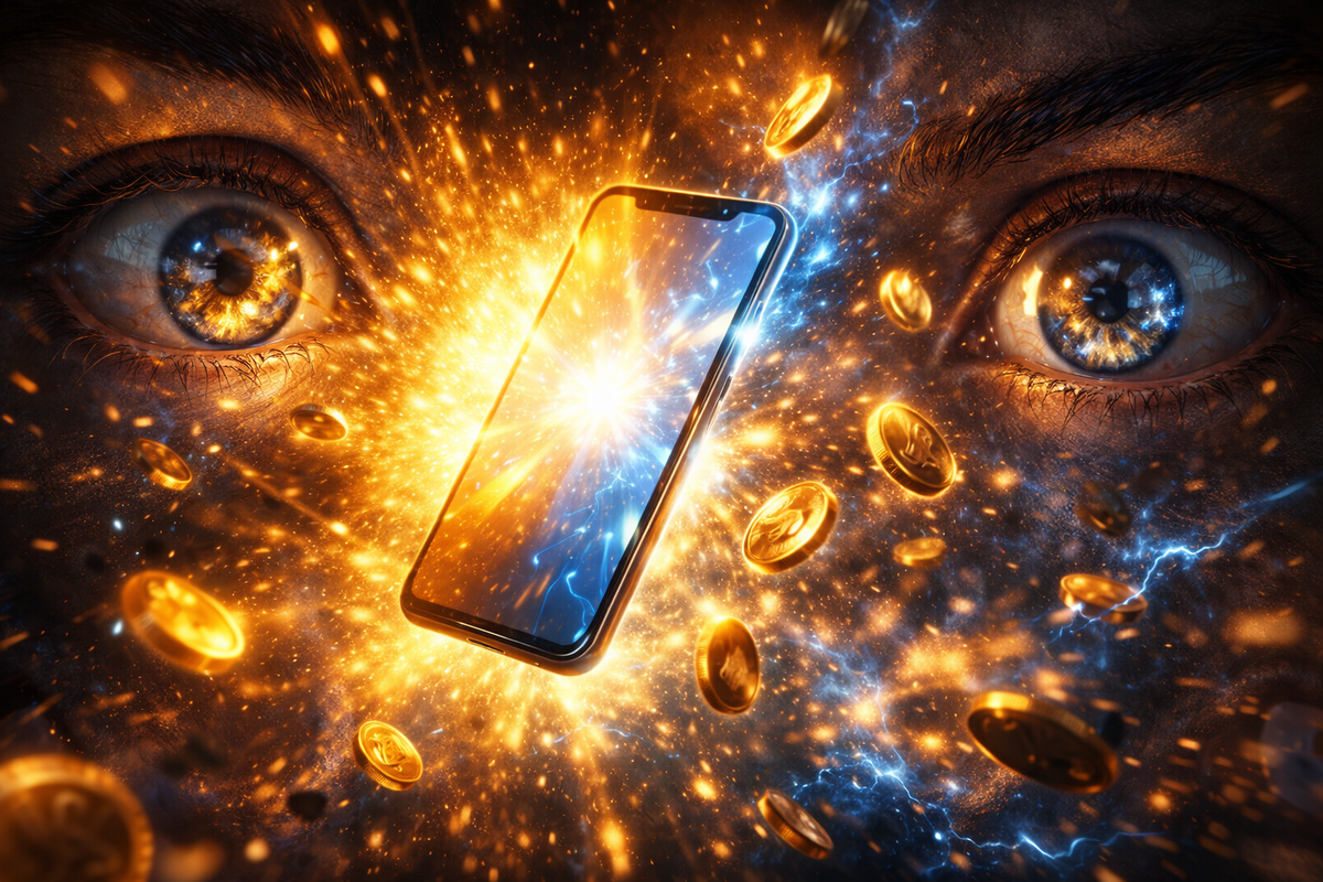 Blinding burst of value—premium smartphone igniting between human eyes as golden rewards explode outward, overwhelming shock of discovering forbidden-level savings opportunity