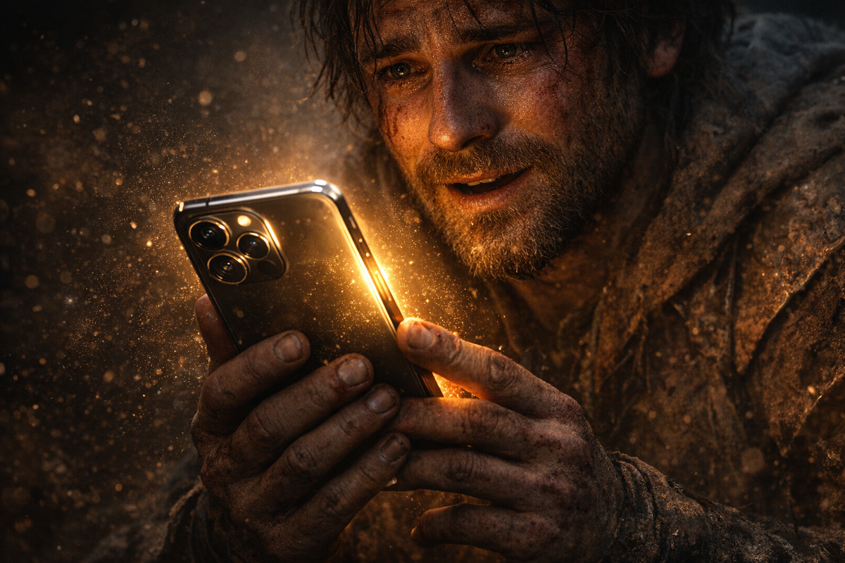 Emotional breakthrough moment—battle-worn survivor staring in disbelief at glowing premium smartphone, relief, hope, and triumph after enduring long struggle and waiting